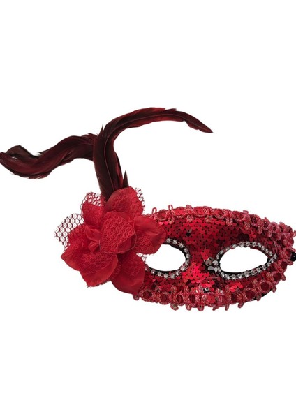 Kırmızı Renk Pullu Güllü Tüylü Wedding Maskesi Lastikli Balo Mask 1 Adet Bride