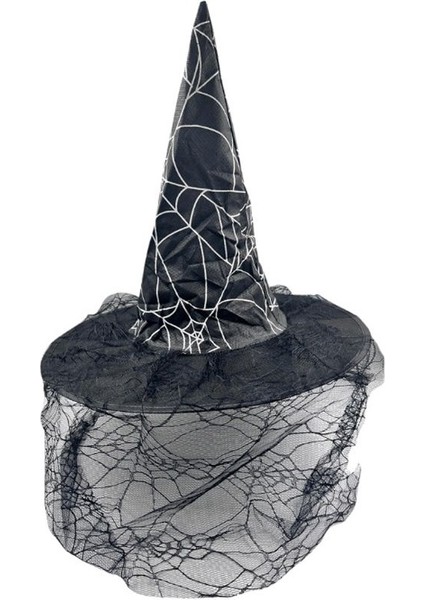 Halloween Sarkan Dantelli Örümcek Desen Cadı Şapkası Yetişkin Siyah Renk 1 Adet