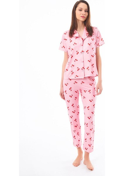 Premium Kadın Pijama Takımı Kiraz Desenli Yumuşak Dokulu Kısa Kollu Gömlek Yaka