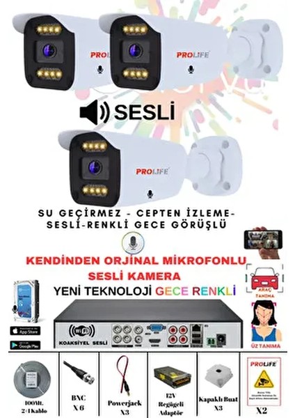 3 Lü Sesli Güvenlik Kamerası 5 Mp Gece Renkli Yüz ve Araç Tanımalı Full Hd Kamera Sistemi