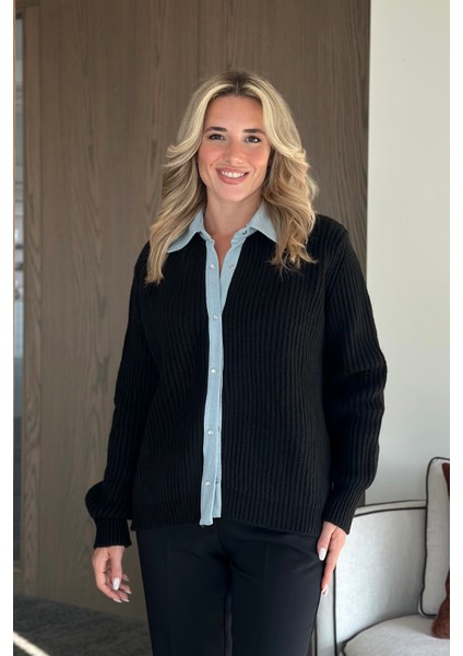 Siyah Kot Biyeli Çıtçıtlı Hırka - 231068