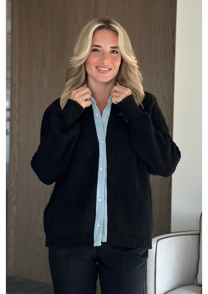 Siyah Kot Biyeli Çıtçıtlı Hırka - 231068 modelleri