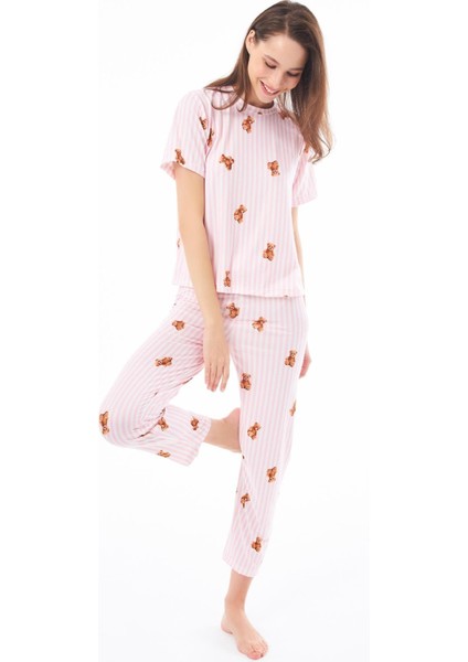 Premium Kadın Pijama Takımı Krem Ayıcık Desenli Yumuşak Dokulu Kısa Kollu Bisiklet Yaka