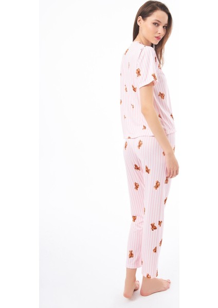 Premium Kadın Pijama Takımı Krem Ayıcık Desenli Yumuşak Dokulu Kısa Kollu Bisiklet Yaka fiyatları