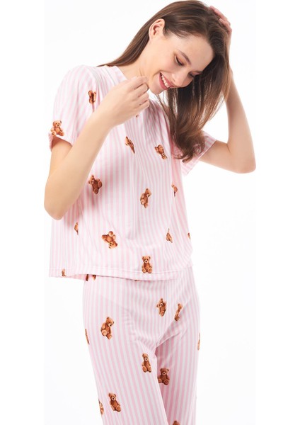 Premium Kadın Pijama Takımı Krem Ayıcık Desenli Yumuşak Dokulu Kısa Kollu Bisiklet Yaka modelleri