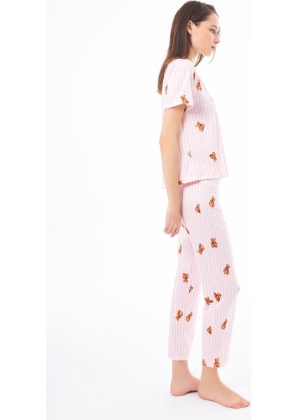 Premium Kadın Pijama Takımı Krem Ayıcık Desenli Yumuşak Dokulu Kısa Kollu Bisiklet Yaka indirimleri