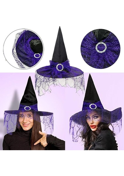 Halloween Sarkan Mor Dantelli Cadı Şapkası Yetişkin Mor Renk 1 Adet 39X40 cm