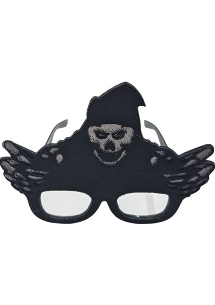 Halloween Kanatlı Kuru Kafa Keçe Parti Gözlüğü Siyah Gümüş Renk 1 Adet