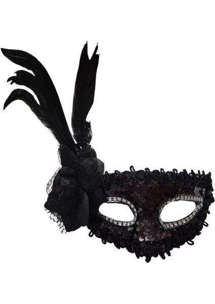 Siyah Renk Pullu Güllü Tüylü Wedding Maskesi Lastikli Balo Mask 1 Adet Bride