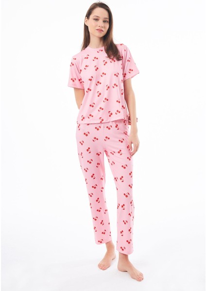 Premium Kadın Pijama Takımı Kiraz Desenli Yumuşak Dokulu Kısa Kollu Bisiklet Yaka indirimleri