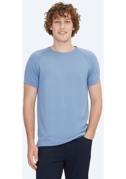 Havacı Mavi Bisiklet Yaka Jakarlı Triko