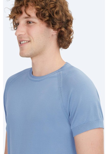 Havacı Mavi Bisiklet Yaka Jakarlı Triko