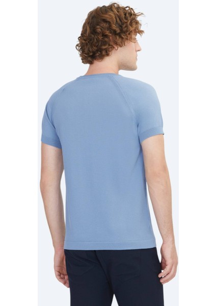 Havacı Mavi Bisiklet Yaka Jakarlı Triko