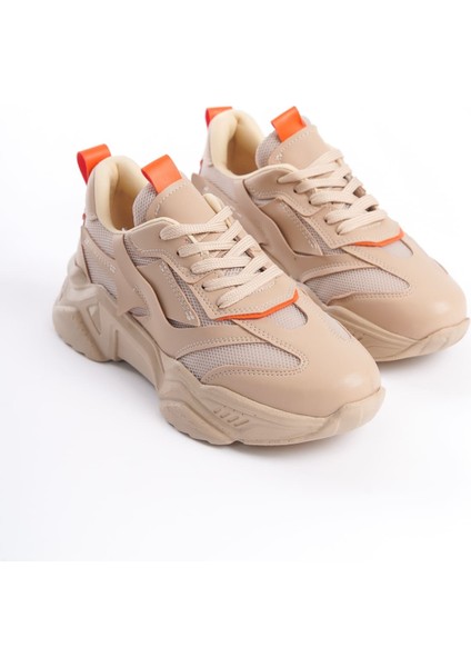 Jet-Tokyo Bağcıklı Ortopedik Taban Triko Detaylı Kadın Spor Ayakkabı Ttt - Ten/turuncu