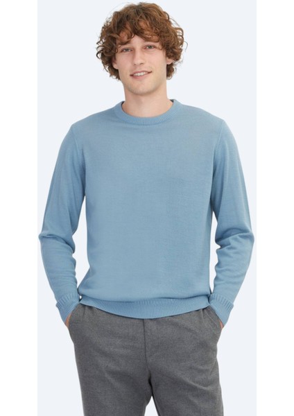 Havacı Mavi Bisiklet Yaka Düz Örgü Yün Karışımlı Triko Kazak
