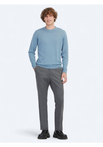 Havacı Mavi Bisiklet Yaka Düz Örgü Yün Karışımlı Triko Kazak fiyatları