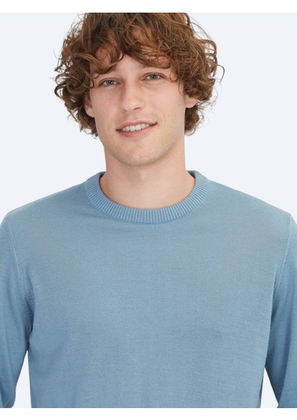 Havacı Mavi Bisiklet Yaka Düz Örgü Yün Karışımlı Triko Kazak modelleri