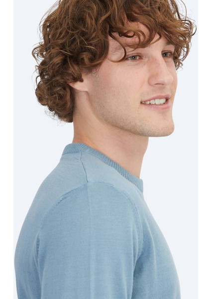 Havacı Mavi Bisiklet Yaka Düz Örgü Yün Karışımlı Triko Kazak fırsatları