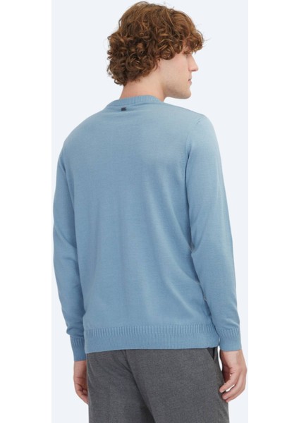 Havacı Mavi Bisiklet Yaka Düz Örgü Yün Karışımlı Triko Kazak indirimleri
