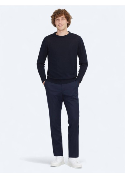 Lacivert Bisiklet Yaka Düz Örgü Yün Karışımlı Triko Kazak fiyatları