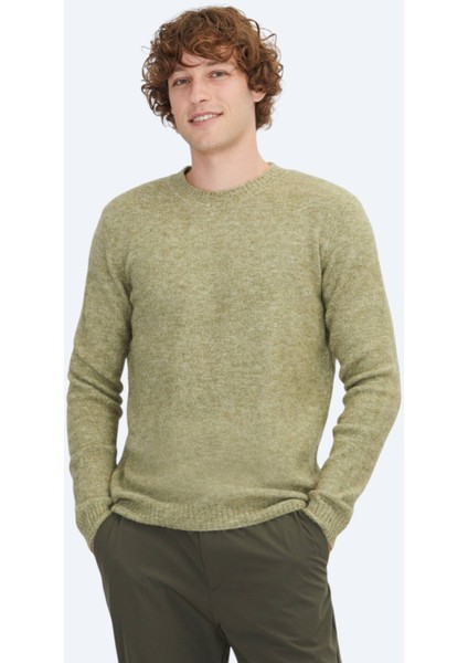 Haki Bisiklet Yaka Jakarlı Yün Karışımlı Triko Kazak