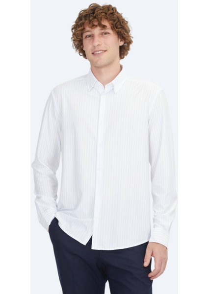 Mavi Çizgili Regular Fit Spor Pamuk Karışımlı Gömlek