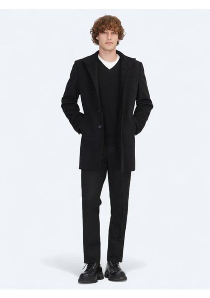 Siyah Regular Fit Dik Yaka Klasik Dokuma Palto fiyatları