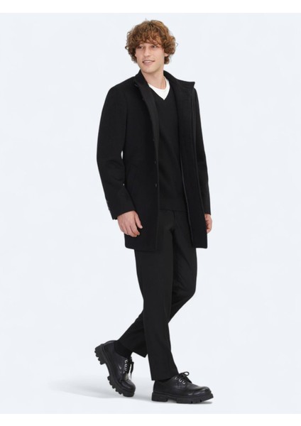 Siyah Regular Fit Dik Yaka Klasik Dokuma Palto modelleri