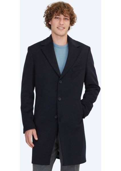 Lacivert Regular Fit Kelebek Yaka Klasik Dokuma Palto