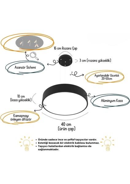Drum 40CM ( Siyah Kasa, 4000K Işık Rengi ) Modern Sarkıt LED Avize, Salon, Mutfak, Oturma Odası modelleri