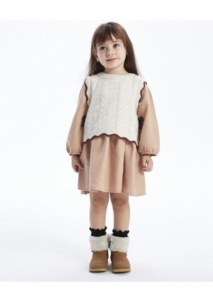 Lcw Baby Kahverengi Bisiklet Yaka Uzun Kollu Kız Bebek Elbise ve Triko Süveter 2'li Takım