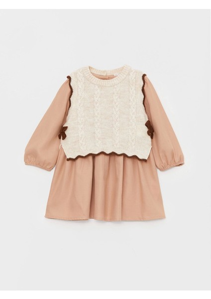 Lcw Baby Kahverengi Bisiklet Yaka Uzun Kollu Kız Bebek Elbise ve Triko Süveter 2'li Takım fırsatları