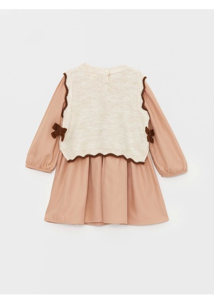 Lcw Baby Kahverengi Bisiklet Yaka Uzun Kollu Kız Bebek Elbise ve Triko Süveter 2'li Takım