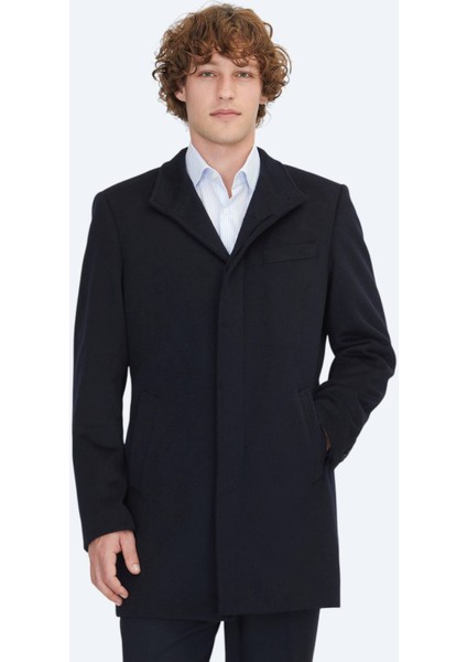 Lacivert Regular Fit Dik Yaka Klasik Dokuma Palto