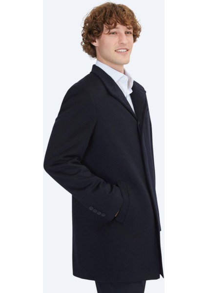 Lacivert Regular Fit Dik Yaka Klasik Dokuma Palto
