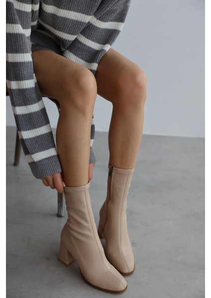 Pensa Kısa Topuklu Streç Bot- Bej