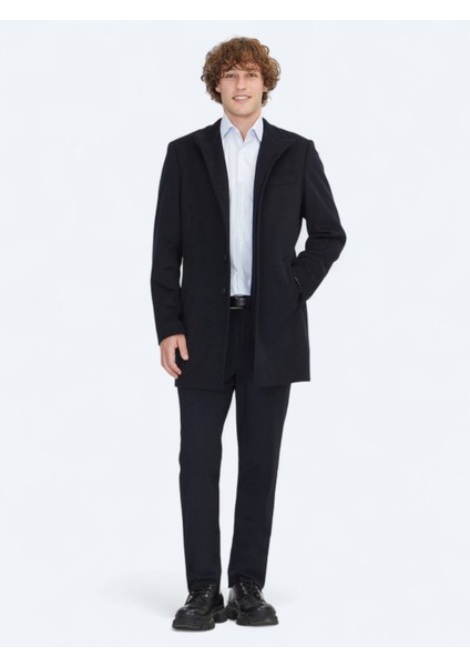 Lacivert Regular Fit Dik Yaka Klasik Dokuma Palto fiyatları