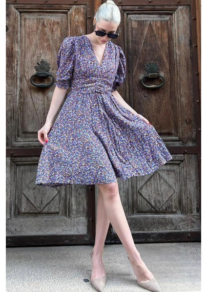 Mor Çiçek Desenli Karpuz Kol Mini Elbise MG1716