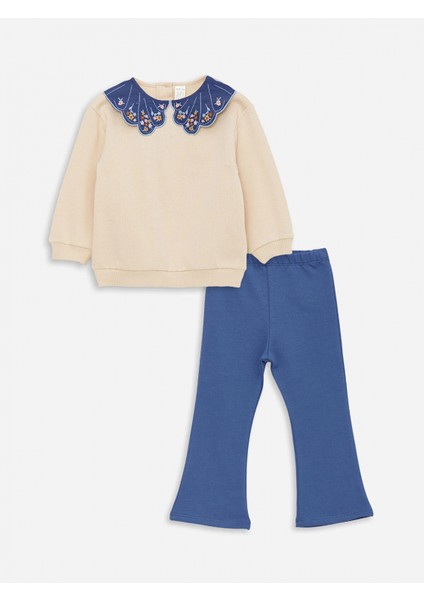 Lcw Baby Bej Bebe Yaka Kız Bebek Sweatshirt ve Tayt 2'li Takım