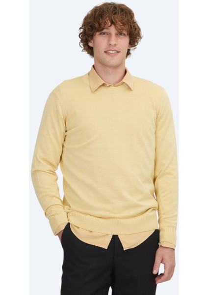 Sarı Bisiklet Yaka Düz Örgü Yün Karışımlı Triko Kazak