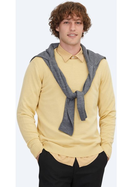 Sarı Bisiklet Yaka Düz Örgü Yün Karışımlı Triko Kazak modelleri