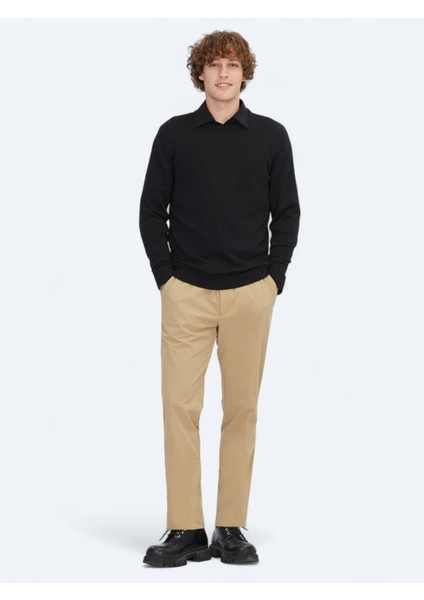 Siyah Bisiklet Yaka Düz Örgü Yün Karışımlı Triko Kazak fiyatları