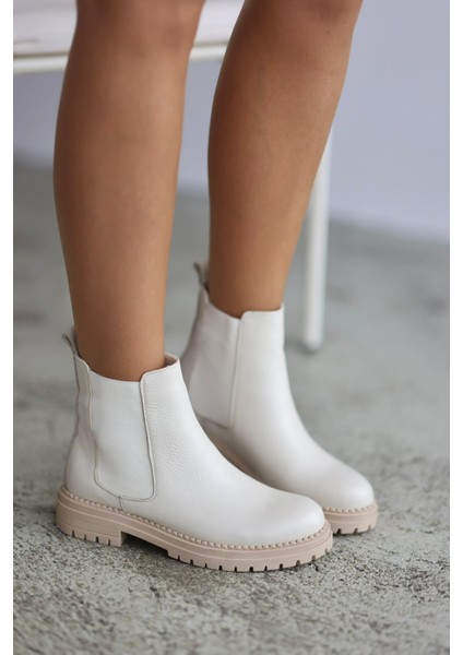 Whitney Hakiki Deri Lastikli Kadın Kısa Bot - Ekru fiyatları
