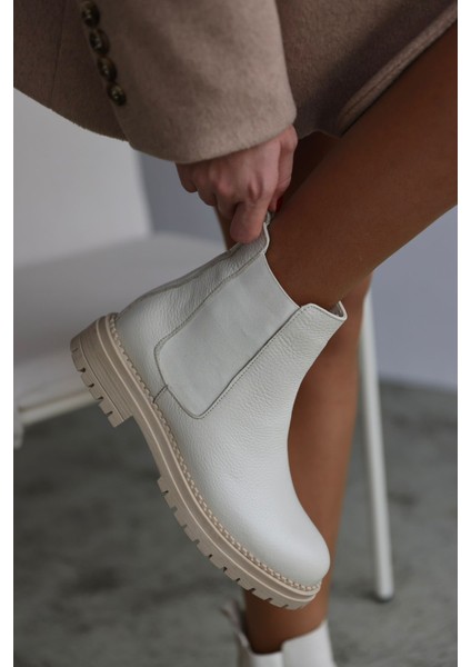 Whitney Hakiki Deri Lastikli Kadın Kısa Bot - Ekru