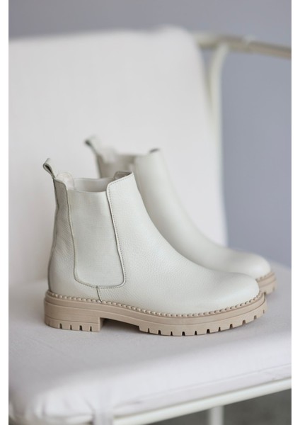 Whitney Hakiki Deri Lastikli Kadın Kısa Bot - Ekru modelleri