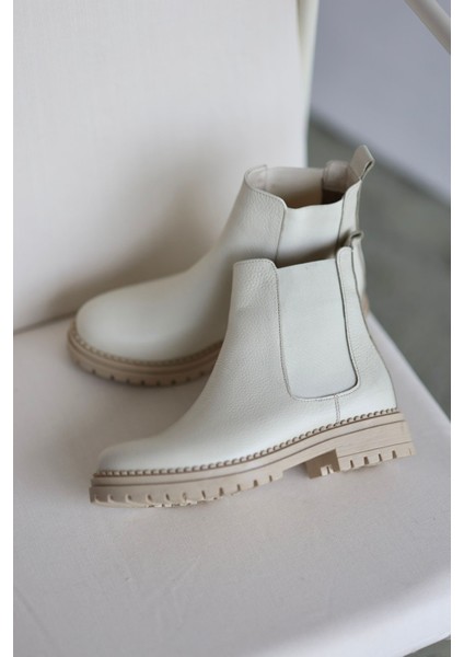 Whitney Hakiki Deri Lastikli Kadın Kısa Bot - Ekru fırsatları