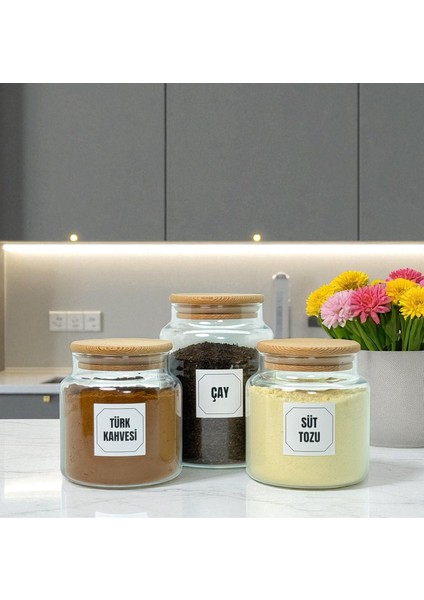 Ahşap Vakum Kapaklı Cam Çay Türk Kahvesi Süt Tozu Saklama Kavanozu Seti Kahve Köşesi Etiket Hediyeli