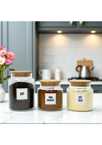 Ahşap Vakum Kapaklı Cam Çay Türk Kahvesi Süt Tozu Saklama Kavanozu Seti Kahve Köşesi Etiket Hediyeli modelleri