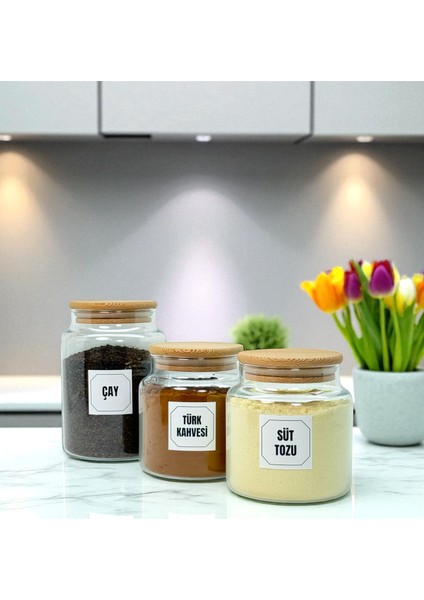 Ahşap Vakum Kapaklı Cam Çay Türk Kahvesi Süt Tozu Saklama Kavanozu Seti Kahve Köşesi Etiket Hediyeli