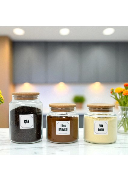 Ahşap Vakum Kapaklı Cam Çay Türk Kahvesi Süt Tozu Saklama Kavanozu Seti Kahve Köşesi Etiket Hediyeli